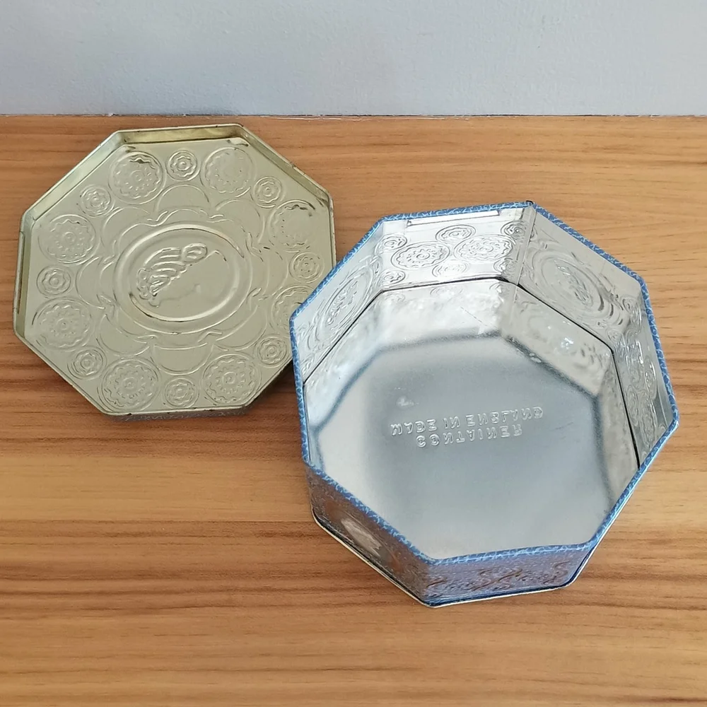 Vintage Octagon Embossed Cameo Drop Candy Tin England Blue White Gold